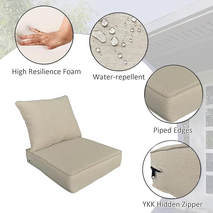 COZYVIDA Outdoor/Indoor 24x24 inch Deep Seat Patio Cushions Set of 2 Resilient Foam Filling Water Repellent Stain-Resistant UV Resistant Weather Resistant Patio Cushions Putty