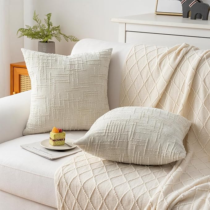 Decorative Throw Pillow Covers 20x20 Inch Set of 4, Soft Solid Farmhouse Chenille Couch Pillows, Spring Pillow Covers for Couch Sofa Bed Living Room Home Decor Pillowcase, Cream White