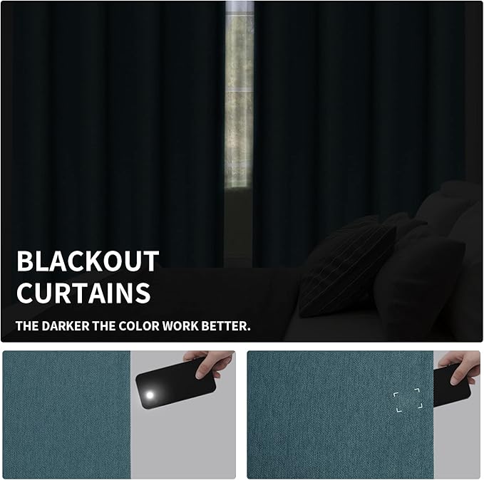 Easy-Going Linen Look Blackout Curtain 63 Inch Length Grommet Window Curtain for Bedroom, Living Room Thermal Insulated Room Darkening (Set of 2 Panels, Bluestone)