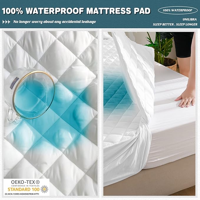 UNILIBRA Full Mattress Cover Waterproof, Deep Pocket Mattress Pad Protector Fits to 6''-19'', Breathable Hollow Cotton Filling Quilted Mattress Protector for Full Size