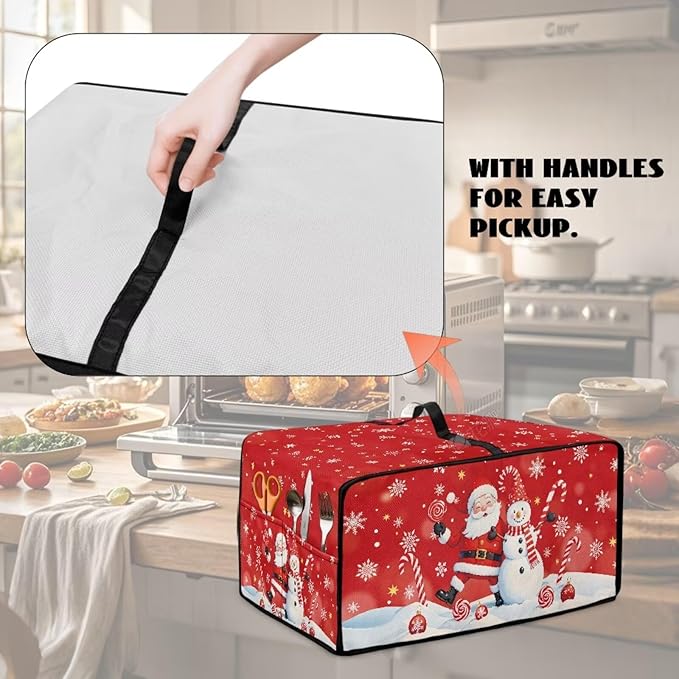 Christmas Toaster Oven Dust Cover Dustproof Smart Oven Air Fryer Microwave Cover with Side Pockets, Electric Appliance Protector for Kitchen, M, Santa Claus Snowman Candy Cane Red