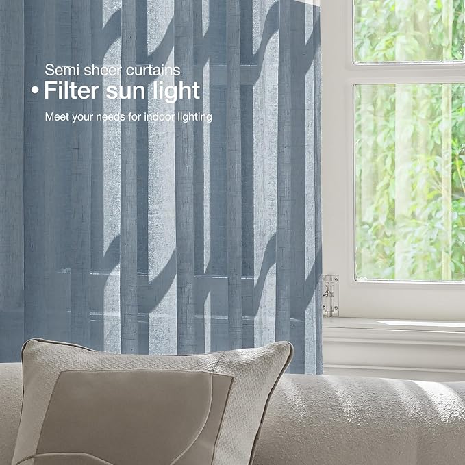 Anmao Natural Linen Curtains for Living Room 45 Inch Length 2 Panels Set, Light Filtering Semi Sheer Window Curtain Drapes for Bedroom with Curtain Rings and Clips, 52Wx45L, Haze Blue