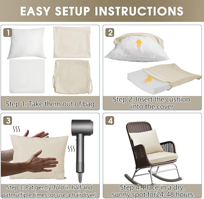 Outdoor Seat Cushion Set 22 x 22 In, Water-Resistant & Fade-Resistan, Patio Furniture Cushions with Removable Cover Deep Seat & Back Cushion with Handle and Adjustable Straps for Chair Sofa,2PC