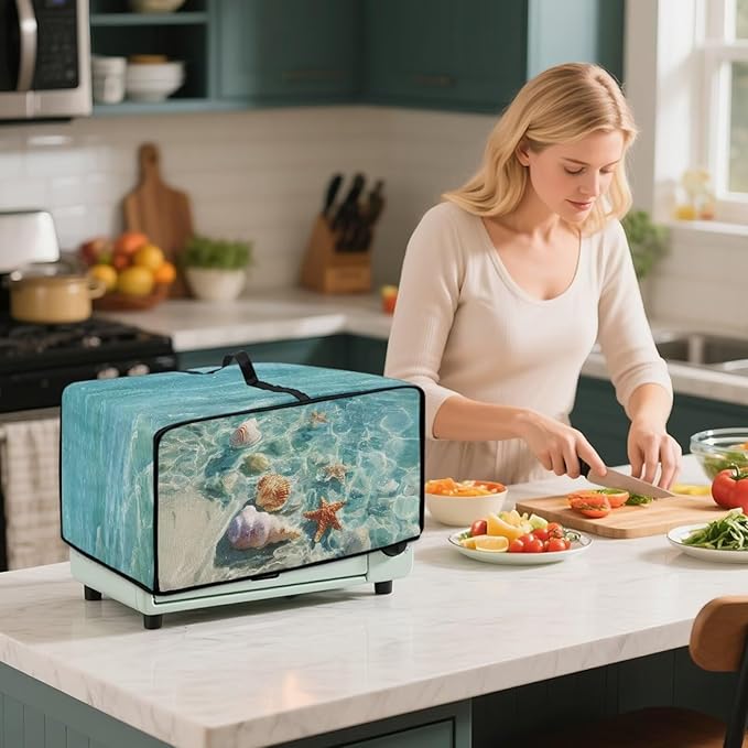 Toaster Oven Cover Washable Small Kitchen Appliance Dust Cover with Pockets, for Air Fryer Toaster Ovens, Microwaves, S, 14.5 x 18.5 x 9 Inches, Blue Beach Starfish Seashell Conch Whelk