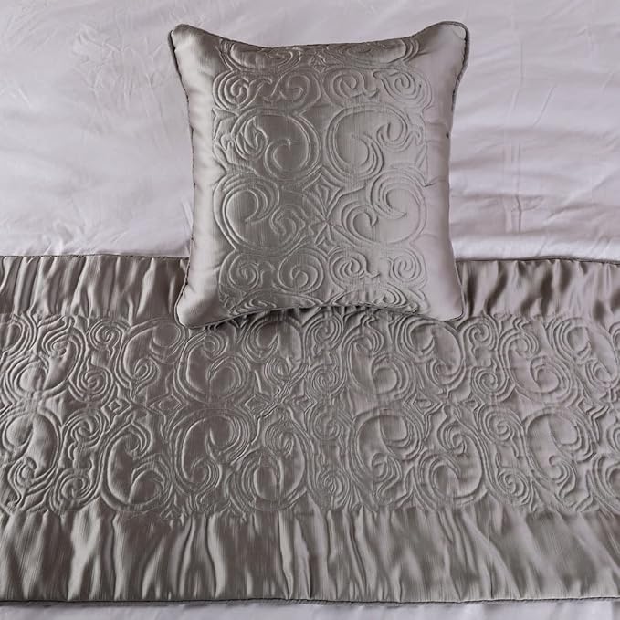 The HomeCentric Decorative Silver Full 68 x 18 inch Bed Runner with Matching Pillow Cover, Satin Quilted Bed Scarf, Abstract Modern - Silver Soft
