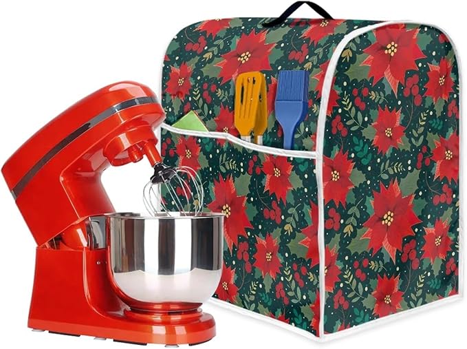 Christmas Stand Mixer Cover Dust Protective Poinsettia Stand Mixer Covers For Kitchen Aid 6-8 Quart Mixers Dustproof Cloth Cover for Small Appliance Protector Christmas Decoration