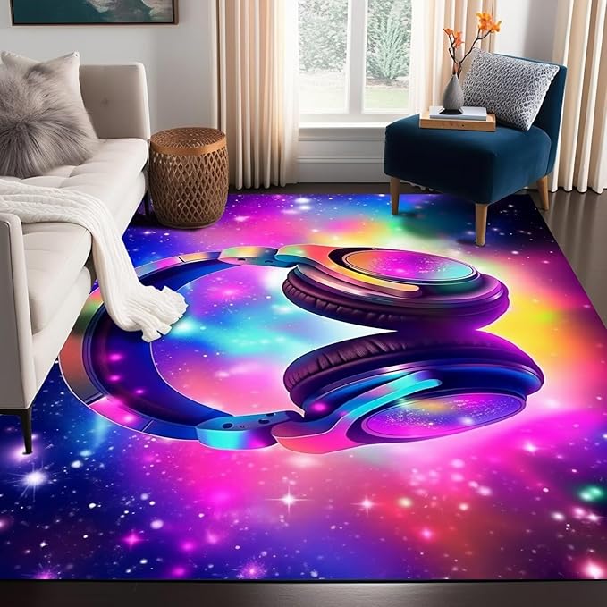 6' x 9' Galaxy Game Area Rug Large Music Headphone Rugs Space Colorful Throw Rug Non-Slip Carpet Doormats for Living Room Bedroom Apartment Dorm Floor Mat,180 X 275cm