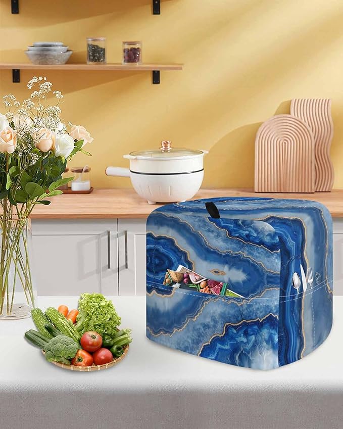 Blue Marble Stand Mixer Dust Cover with Storage Pocket & Handles, Fits All Tilt Head & Bowl Lift Abstract Golden Foil Pattern Kitchen Appliance Cover Organizer Modern Ombre Bag AccessoriesB, 6-8 Quart