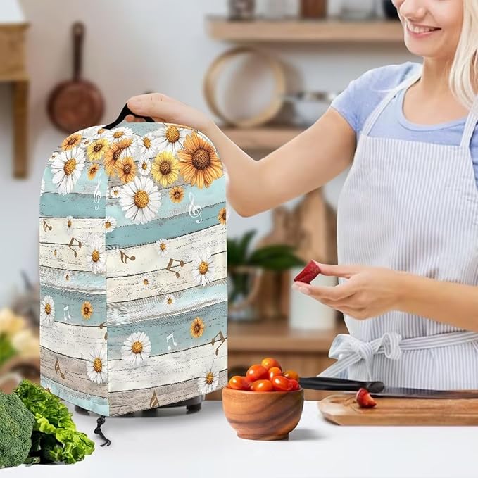 Kitchen Blender Food Processor Dust Cover with Top Handle and Drawstring, Dust Protection Easy to Clean Small Appliance Juicer Coffee Maker Cover Sunflower Daisy Blue Wood Grains