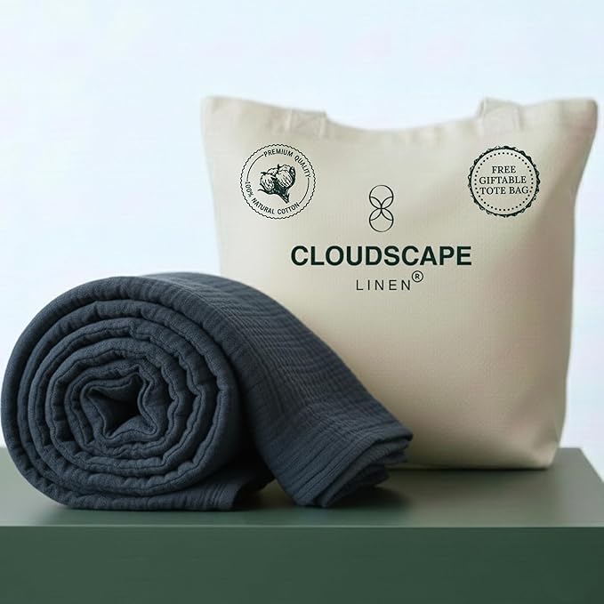 Cloud Scape Linen Extra Large 4 Layer Muslin Throw Blanket - 100% Cotton Gauze, Lightweight & Breathable All Season, Pre-Washed, for Couch & Bed, 50x70, Ensign Blue