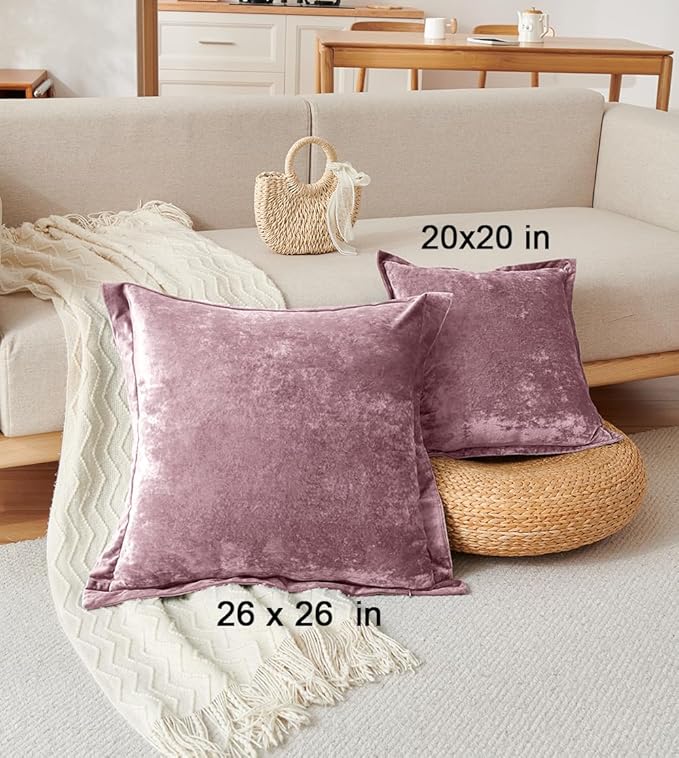 Luxurious Velvet Euro Shams Decorative Throw Pillow Covers 26x26 Set of 2 Solid Square Euro Pillow Shams for Sofa Couch Bedroom, Mauve