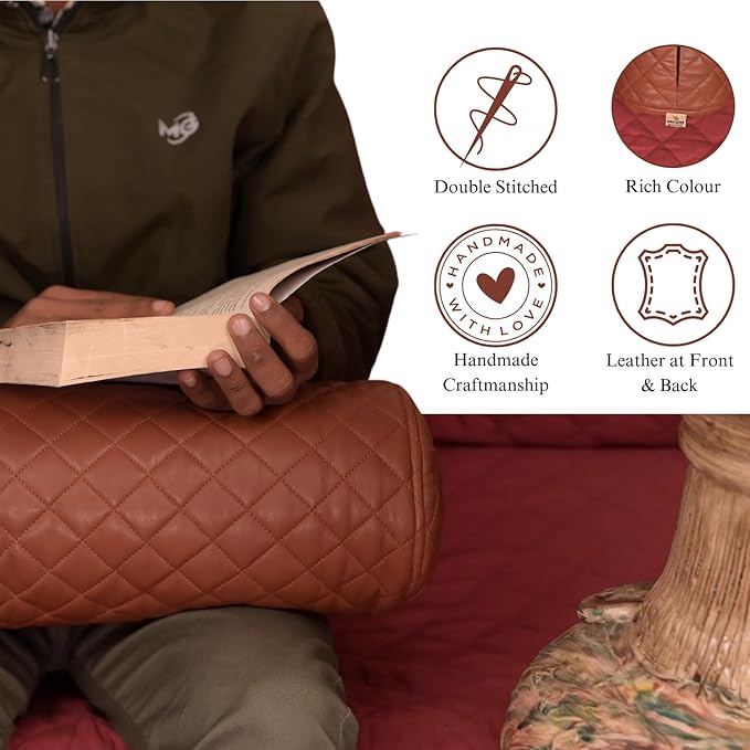 Neck Roll Pillow Cushion Cover, 18x6 Inch Full Moon Round Bolster Pillow Case, Cylinder Soft Lambskin Leather Pillowcase for Head, Spine & Neck Support During Sleep - Quilted Brown Pack of 1