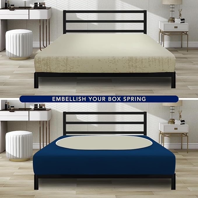 PureFit Stretchy Box Spring Cover Full - Elastic Fitted Box Spring Wrap Around 4 Sides, Wrinkle & Fading Resistant Fits Full Size Beds, Navy