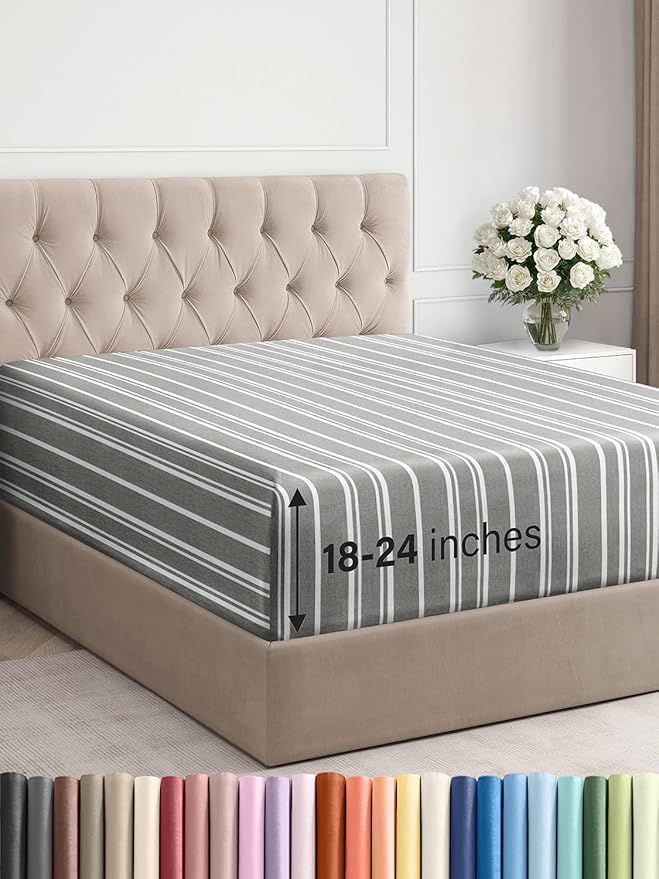 Extra Deep King Fitted Sheet - Hotel Luxury Single Fitted Sheet Only - Easily Fits 18 inch to 24 inch Mattress - Ultra Soft, Wrinkle Free with Extra Deep Pockets - Breathable & Comfy - Grey Stripes