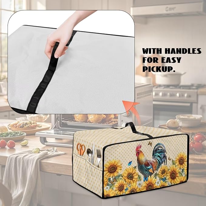 Microwave Oven Dust Cover Waterproof Dustproof Microwave Toaster Oven Cover Fabric Kitchen Machine Covers for Toaster Oven Air Fryer, Rooster Chicken Sunflower Butterfly Polka Dot Print, L
