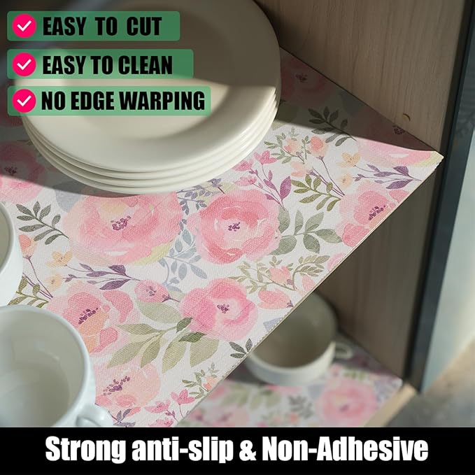 Peach Peony Shelf and Drawer Liner for Kitchen,Non-Adhesive and Strong Non-Slip Floral Cabinet Drawer Liners for Kitchen Shelf, Waterproof Cupboard Liners,Easy to Clean,12IN x 10FT