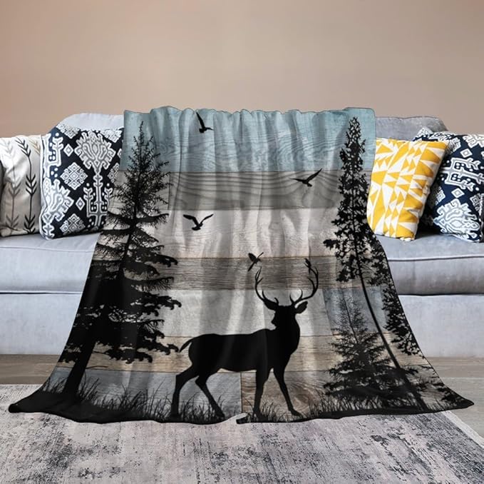 Rustic Deer Throw Blanket, Retro Cabin Farmhouse Country Lodge Blue Brown Wooden Board Wild Forest Animals Deer Bird Print Warm Cozy Blanket for Bed Couch Sofa Travel, 40"x50"