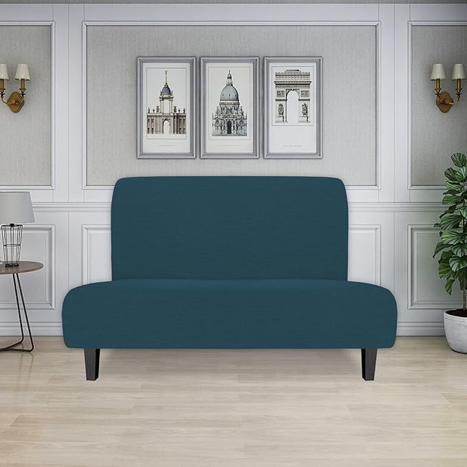 Easy-Going Stretch Futon Slipcover Armless Futon Bed Cover Furniture Protector Without Armrests with Elastic Bottom for Kids, Soft Jacquard Fabric Small Checks (Medium, Deep Teal)