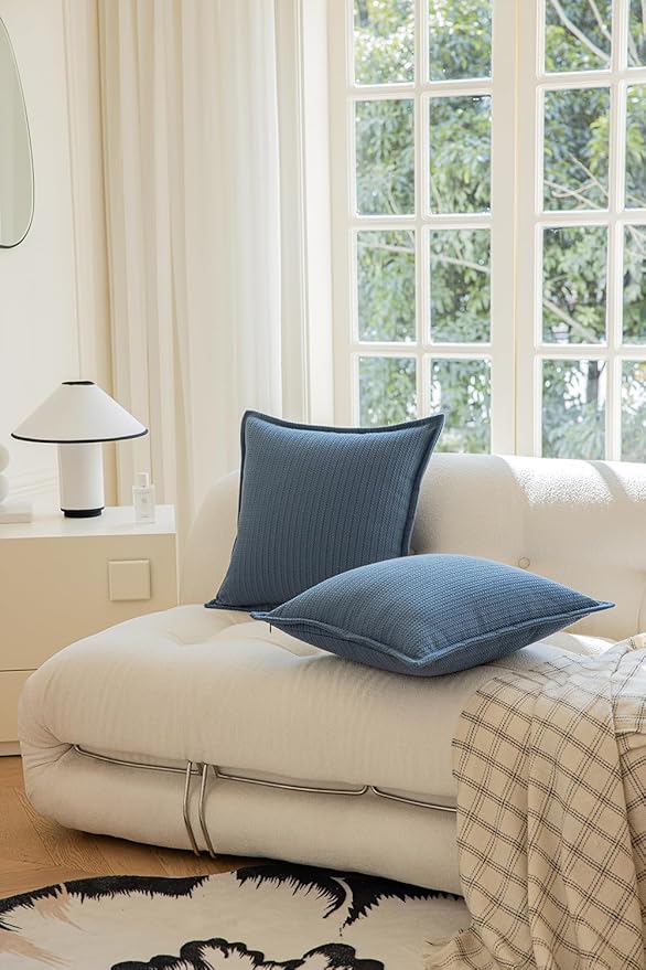Set of 2 Herringbone Embossed Stripe Flange Throw Pillow Covers for Couch and Bed - 18"x18", Steel Blue