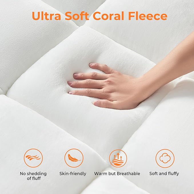 Ultra Soft Coral Fleece Twin Size Mattress Topper, No Compression Plush Thick Pillow Top Mattress Pad with Deep Pocket, Winter Warm Cozy Bed Topper Cover for Back Pain Relief