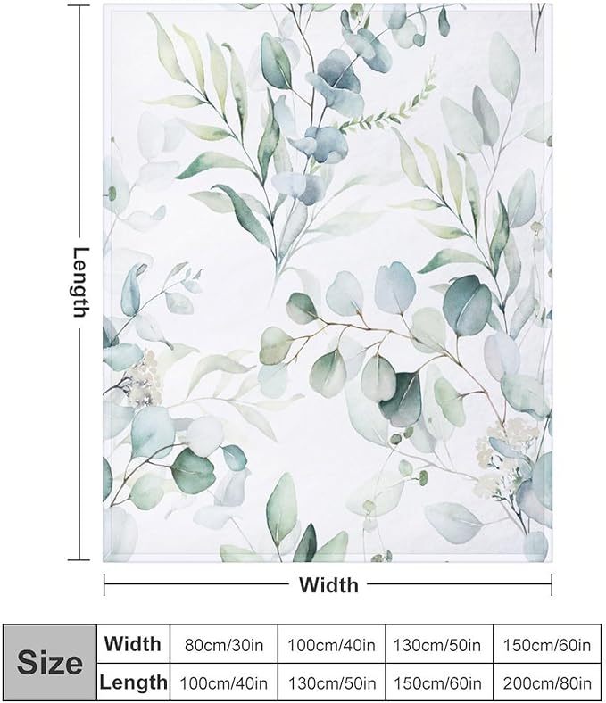 Eucalyptus Leaf Throw Blanket, Watercolor Floral Spring Botanical Green Plants Herb Print Cozy Plush Blanket for Bedroom Living Rooms Sofa Couch, 40"x50"