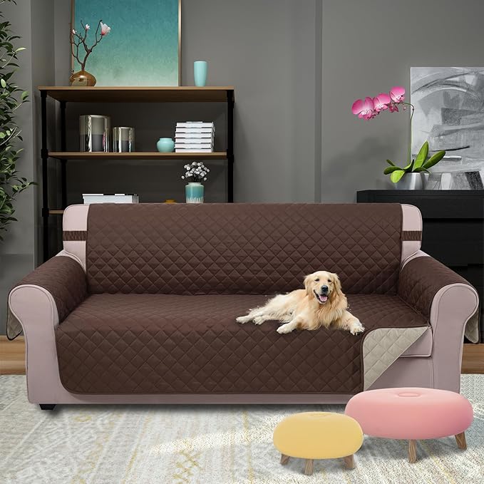 U-NICE HOME Reversible Sofa Cover Couch Cover for Dogs with Elastic Straps Water Repellent Furniture Protector for Pets Couch Cover for 3 Cushion Couch (Sofa, Coffee/Beige)