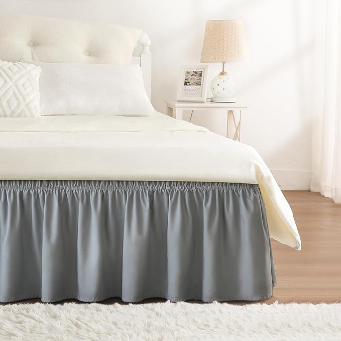 RIMELA Bed Skirt Full Size Silver Grey Bed Skirt 15 Inch Drop, Wrap Around Elastic Adjustable Bedskirt, Dust Ruffle for Bed Frame & Box Spring Soft Durable Fabric Machine Washable Easy to Install