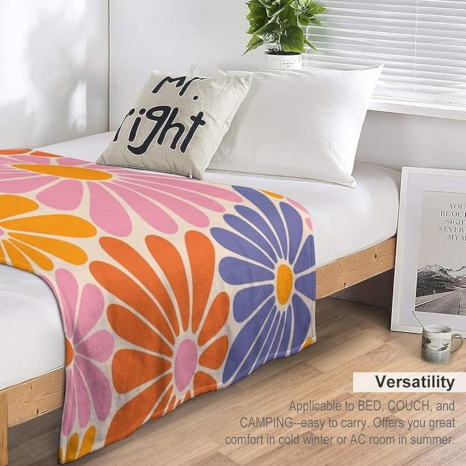 1970s Hippie Floral Throw Blanket, Retro Orange Pink Blue Flower Boho Groovy Daisy Flowers Comfortable Blanket for Couch Sofa Couch Chair 50"x60"