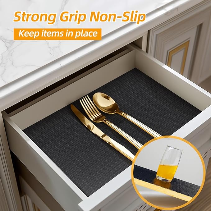 Shelf and Drawer Liner for Kitchen Cabinets Non-Adhesive, Strong Grip Non-Slip Thickened Cabinet Liners for Shelves, Waterproof Mats for Dresser Cupboard, Black, 23 in x 20 Feet