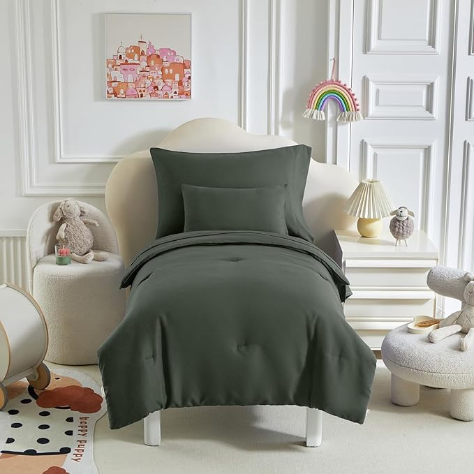 Toddler Bedding Set - 5 Piece Soft and Breathable Toddler Bed Set for Boys and Girls, Includes Quilted Comforter, Fitted Sheet, Flat Top Sheet, Standard Pillowcase and Toddler Pillowcase, Dark Green