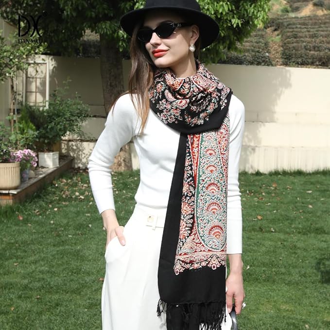 DANA XU 100% Merino Wool Extra Large Pashmina Blanket Travel Scarf Cashmere Wrap for Women Fall Winter Oversize Shawl Floral