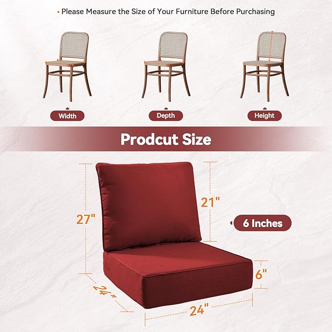 Luxury 6" Outdoor Cushions for Patio Furniture, 24x24x6" Thick Seat Cushion Set of 5, Fade Resistant Couch Chair Replacement Cushions High Density Deep Wicker Chair Cushion w/ Removable Cover, Red