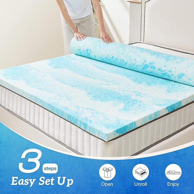 Sweetcrispy Mattress Topper Twin,4 Inch Thick Memory Foam Gel Infused Cooling Toppers Pad for Twin Size Bed, Sleeper Sofa, RV, Camper, CertiPUR US Certified, Ventilated and Breathable, Blue