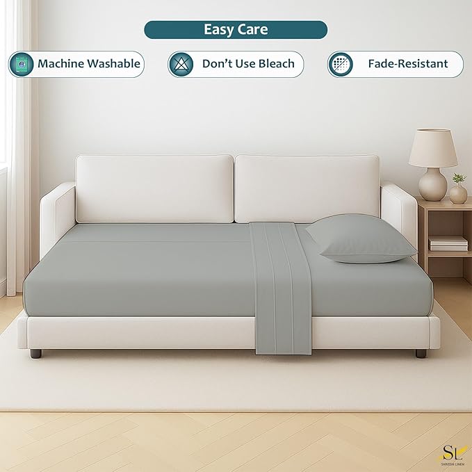 Luxury Queen Sleeper Sofa Bed Sheet Set,100% Egyptian Cotton, 338 Thread Count, Queen Size (60 x74 +6 Inch Deep Pocket) Soft and Light Weight 4pcs Sofa Set (Light Grey Solid)