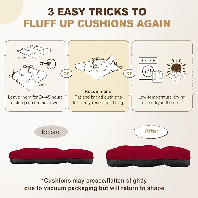 downluxe Indoor Chair Cushions for Dining Chairs, Tufted Overstuffed Textured Kitchen Chair Pads with Ties and Non-Slip Backing, 15.5" x 15.5" x 4", Red, 4 Pack