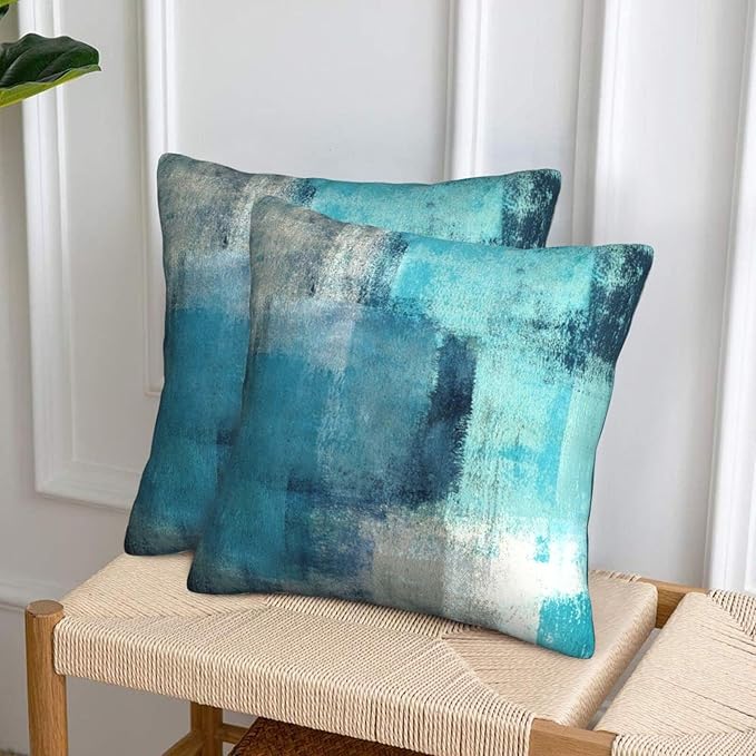 bassyil Teal Grey Abstract Art Painting Throw Pillow Covers Decorative Linen Pillow Cases Set of 2 Square Cushion Cover for Couch Sofa Bedroom 18x18 Inch