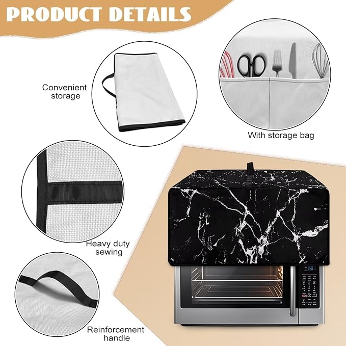 Air Fryer Toaster Oven Dust Cover Protective Microwave Oven Cover with Pockets, Dust-proof Countertop Appliance Protector, L, 18.5 x 22.5 x 13 Inches, Black Marble White Crack