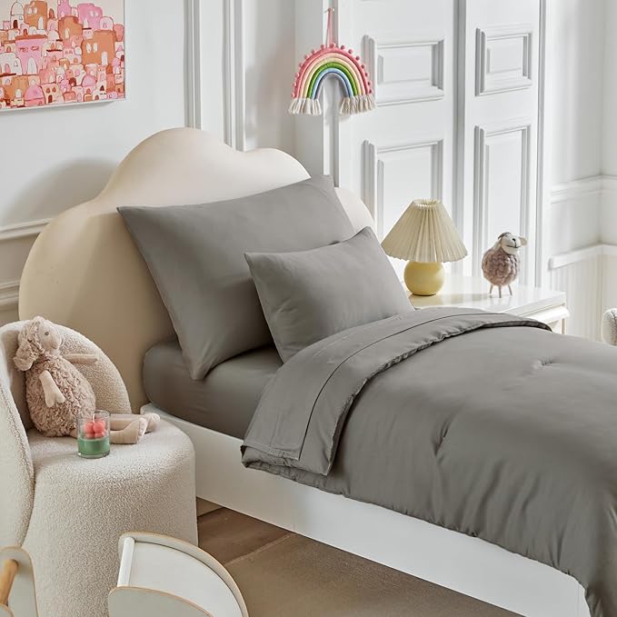 Toddler Bedding Set - 5 Piece Soft and Breathable Toddler Bed Set for Boys and Girls, Includes Quilted Comforter, Fitted Sheet, Flat Top Sheet, Standard Pillowcase and Toddler Pillowcase, Dark Gray