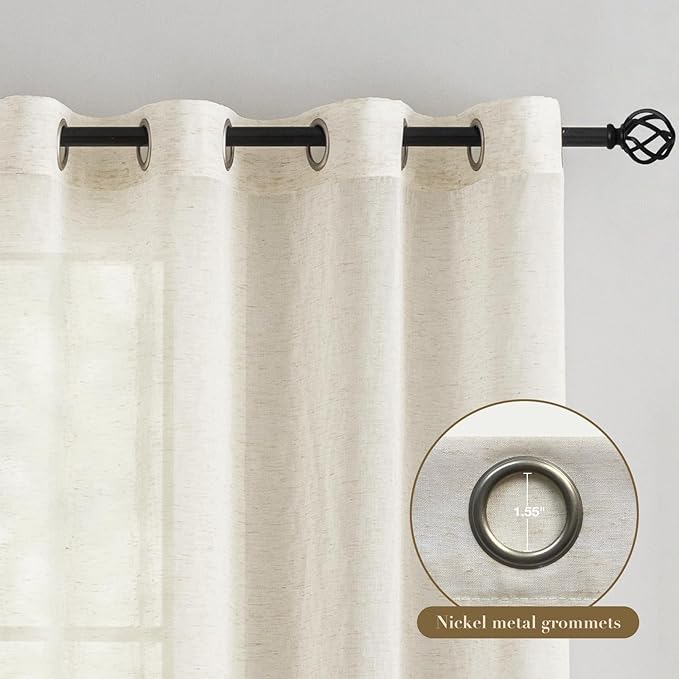 Anmao Flax Linen Curtains for Living Room 72 Inch Length 2 Panels Set, Light Filtering Sheer Window Curtain Drapes for Bedroom with Nickel Grommet, 52 Inch Wide Each Panel, Ivory Color