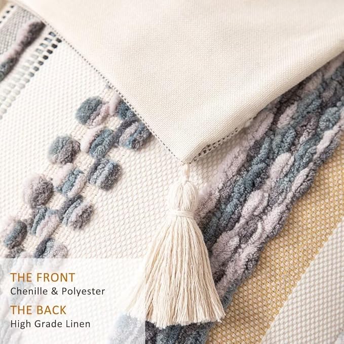 Boho Throw Pillow Covers 18x18 Set of 2 Woven Tufted Farmhouse Pillows Cover with Tassels Textured Striped Cushion Case Neutral Pillow Cases Decorative Pillowcase for Sofa Couch Bed,Grey