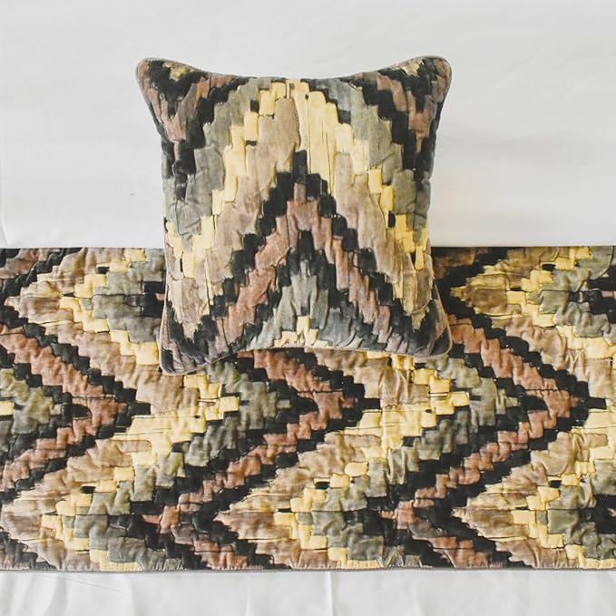 The HomeCentric King/Queen/Twin Beige Decorative Twin 53"x18" Bed Runner with 2 Pillow Cover, Abstract, Chevron, Quilted Bed Scarf on Suede Velvet Fabric - Paramount