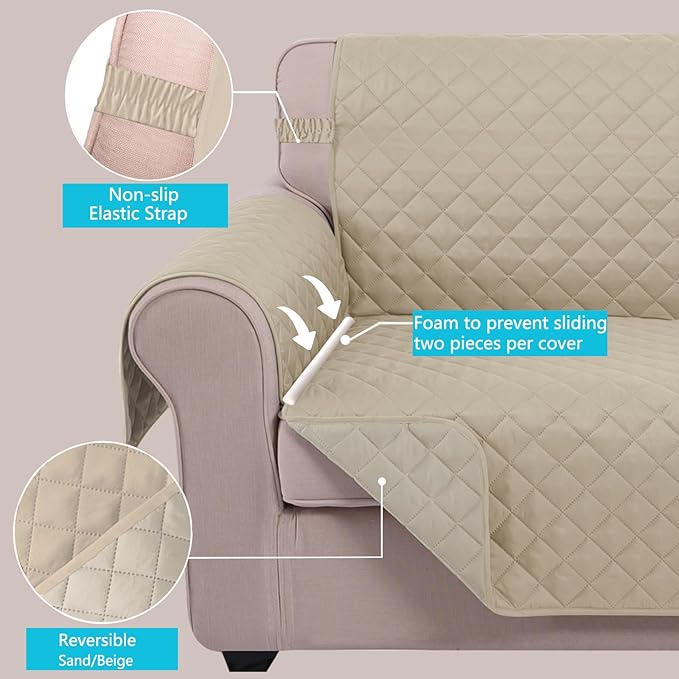 U-NICE HOME Recliner Chair Covers Reversible Chair Cover Pet Covers for Dogs with Elastic Straps Water Resistant Diamond Quilted (23''Recliner Small, Sand/Beige)