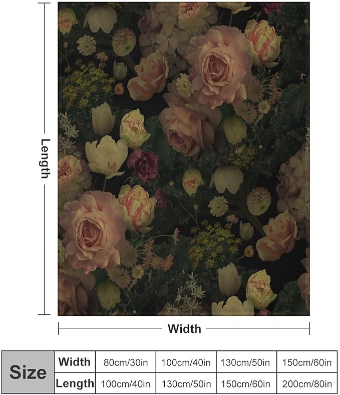 Black Floral Blanket, Rustic Watercolor Botanical Rose Peony Vintage Leaves Plant Boho Gothic Print Throw Blankets for Bed Living Room Bedding Couch Soft Decor, 40"x50"