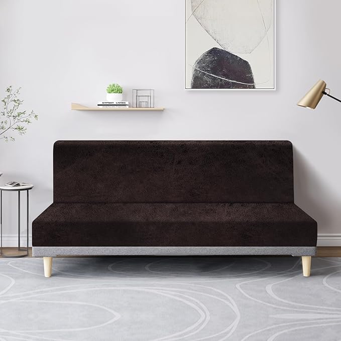 molasofa Leather Like Stretch Futon Slipcover Armless Futon Bed Sofa Cover Furniture Protector with Elastic Bottom, Soft and Washable Futon Cover for Sofa Bed Stay in Place（Larger，Chocolate）
