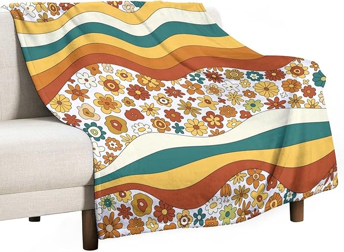 70s Retro Floral Throw Blanket, Boho Groovy Wavy Geometric Hippie Cute Flowers Yellow Orange Abstract Print Blanket for Holiday Theme Home Decor Bedding Couch and Gift 60"x80"