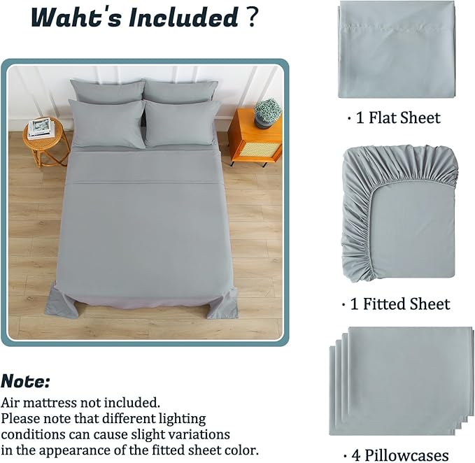 Extra Deep Pocket Full Sheet Set for Air Mattress, 6 Piece Air Bed Sheets Set with 18-24 Inches Depth, Soft & Breathable Inflatable Bed Sheet Set with Flat Sheet, Fitted Sheet and Pillowcases, Grey