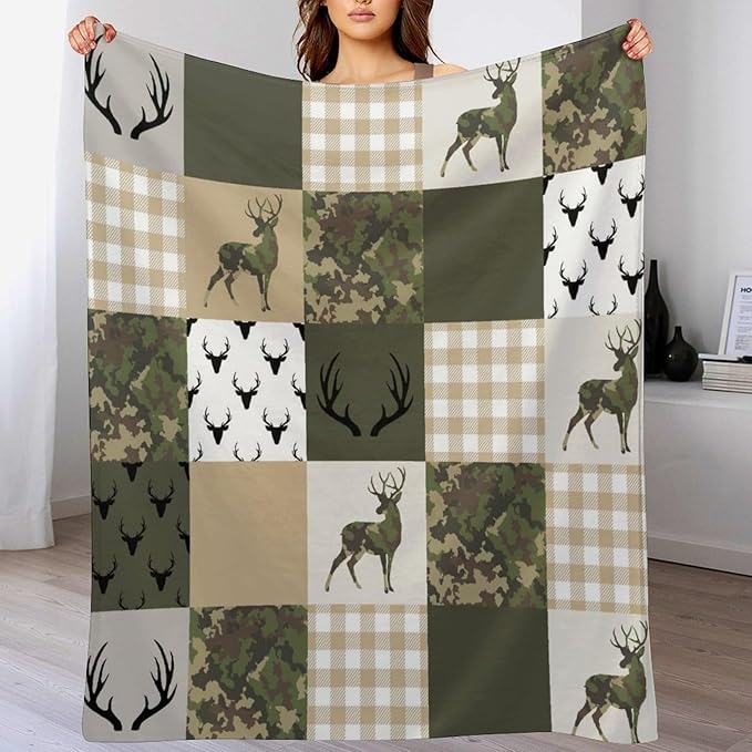 Camouflage Deer Blanket, Vintage Camo Green Beige Plaid Rustic Cabin Wildlife Hunting Blankets for Mens Room Bed Sofa, 30"x40"