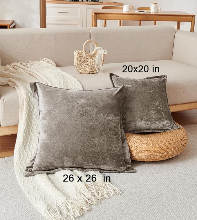 Luxurious Velvet Euro Shams Decorative Throw Pillow Covers 26x26 Set of 2 Solid Square Euro Pillow Shams for Sofa Couch Bedroom, Brown