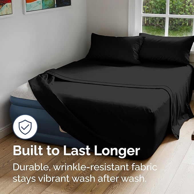 Air Mattress Sheet Set for Queen Size - 4 Piece Breathable & Cooling Sheets w/Extra Deep Pockets - Fits Inflatable & Blow Up Air Mattresses Up to 24 Inches Thick - Ultra Soft & Wrinkle Free - Black