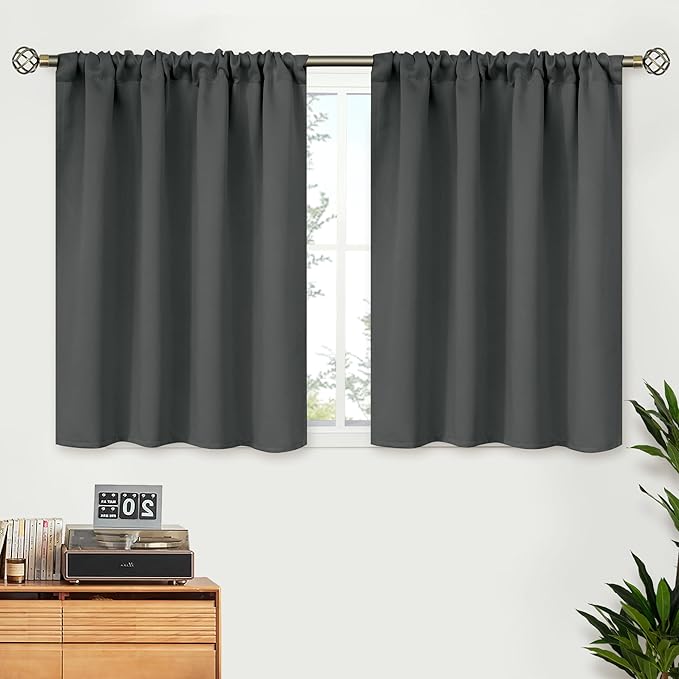 BGment Dark Grey Blackout Curtains 30 Inches Long for Kitchen Cafe Window - Rod Pocket Short Length Drapes Room Darkening for Bathroom Rv Bedroom, 2 Panels, 42 x 30 Inch